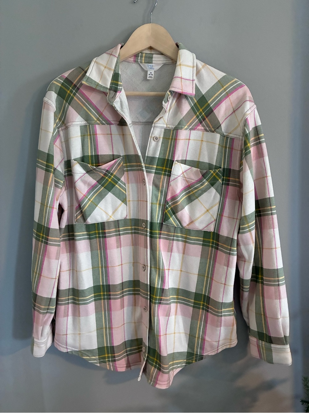 Time and Tru Flannel Pink Green and White Shacket Button Down Size Medium